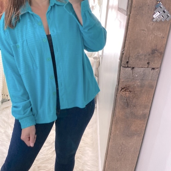 Vintage Jantzen turquoise knit button up top size large - Picture 1 of 8